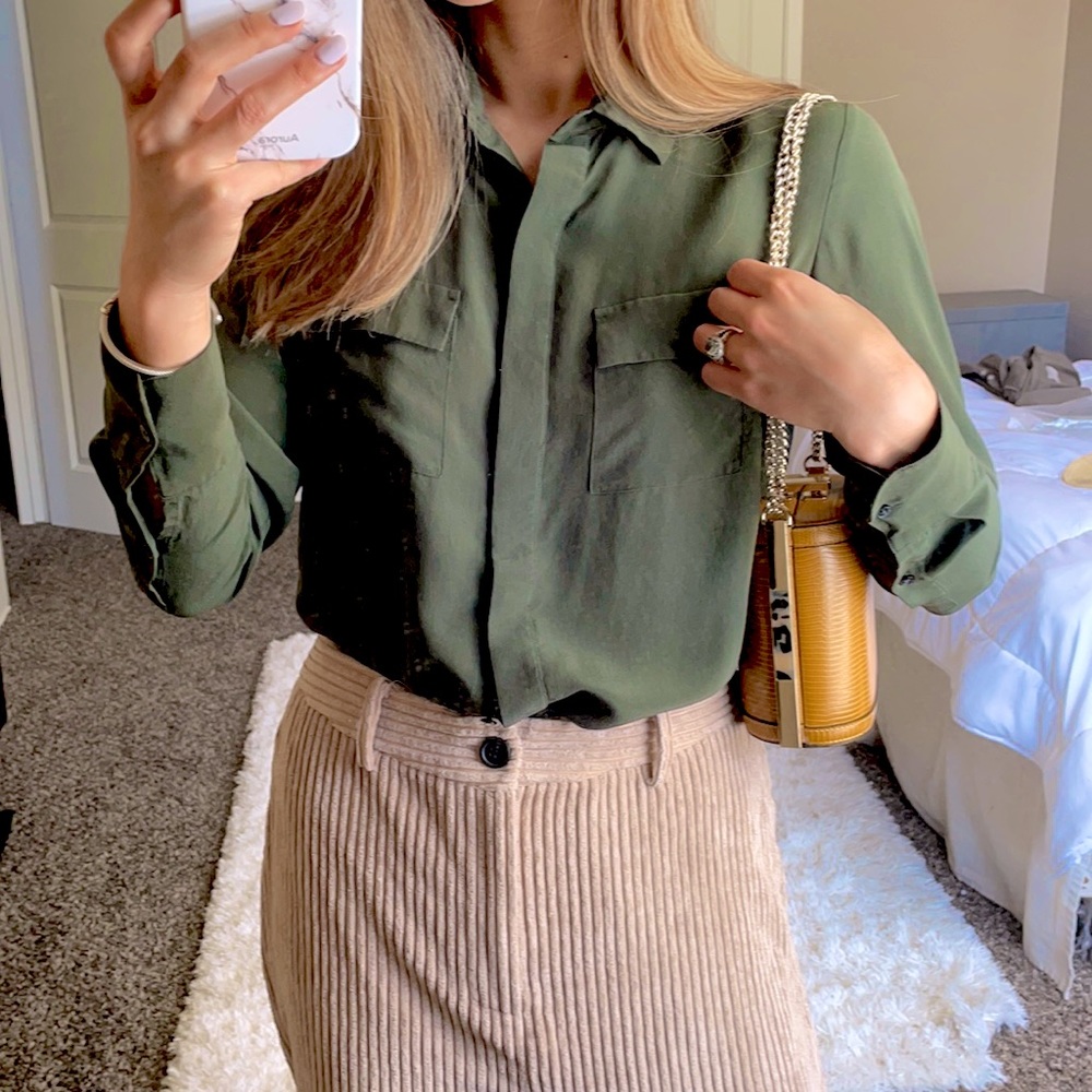 Madewell Green 100% Silk Button Down Front Blouse